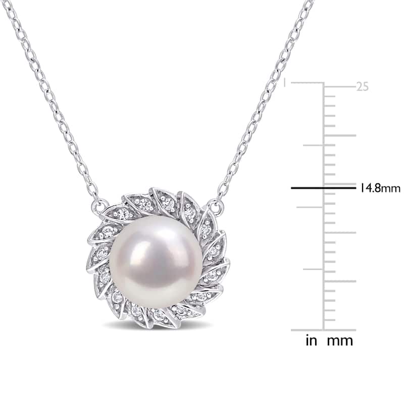 Miadora Cultured Freshwater Pearl and Created White Sapphire Halo Marquise Floral Necklace in Sterling Silver (9.5-10mm)