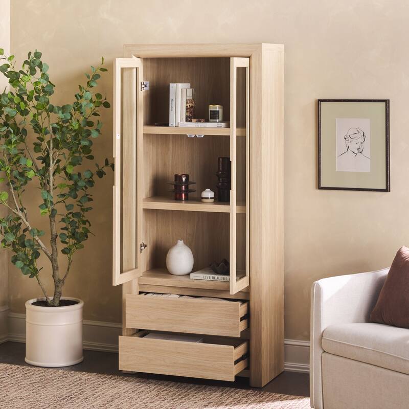 Walker Edison Modern Wood Bookshelf with Glass Doors and Drawer Storage
