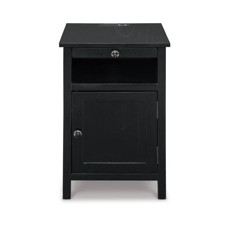 Gena Side End Table, Shelf and Pull Out Tray, Black Solid Wood 24 Inch