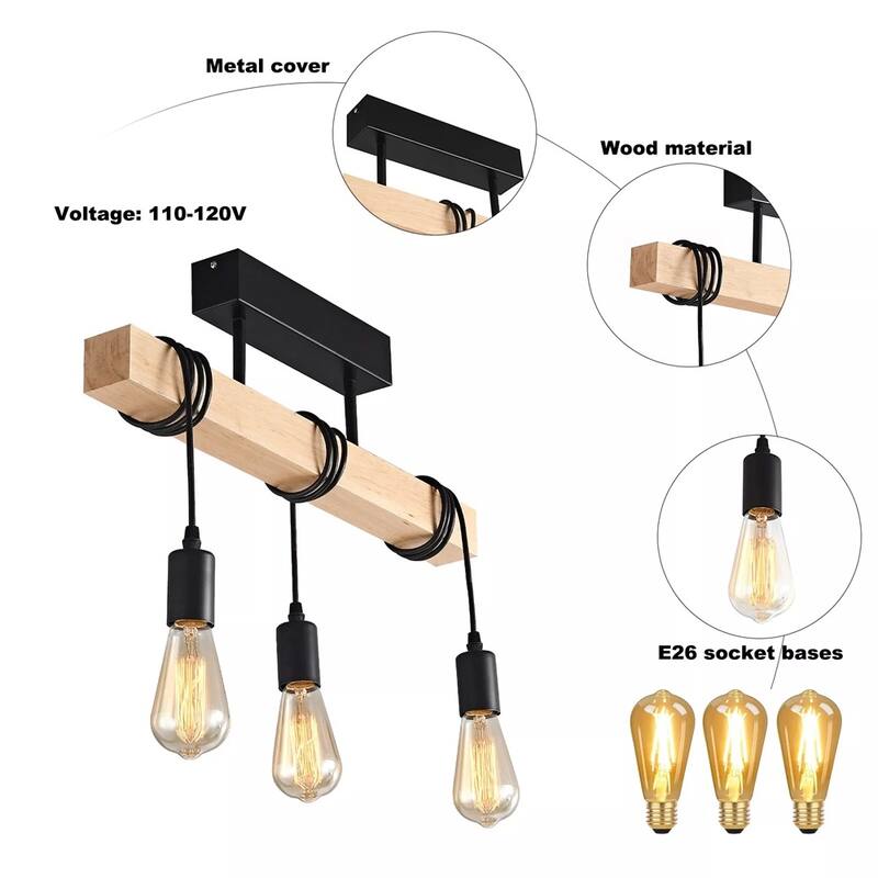 Wood Pendant Light Farmhouse Hanging Lighting Fixture 3-Light - 21" x 10"