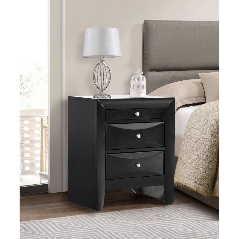 Stylish Black Nightstand, 3 Drawers with Chic Curved Fronts, 28" Tall, Durable Design for Bedroom - Black