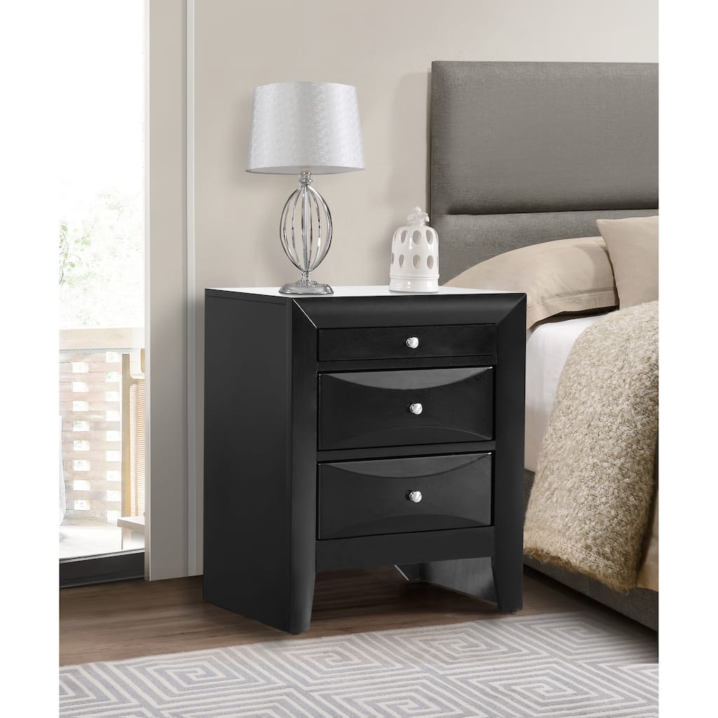 Stylish Black Nightstand, 3 Drawers with Chic Curved Fronts, 28" Tall, Durable Design for Bedroom