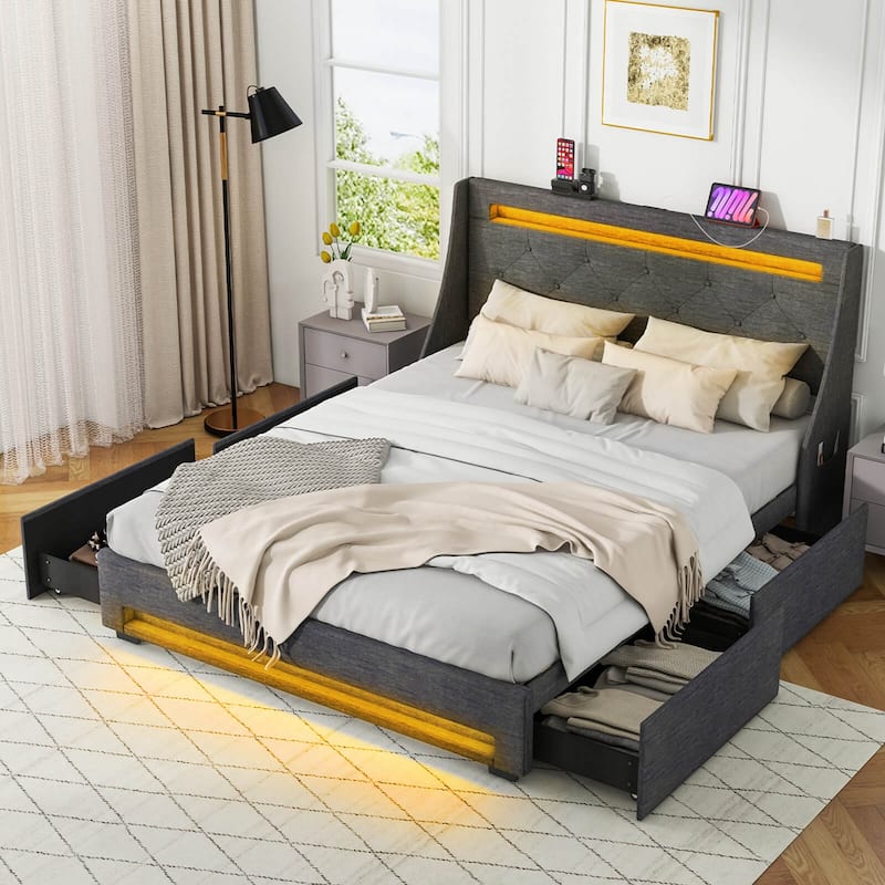 Costway Full/Queen Size Bed Frame with LED Lights & Charging Station