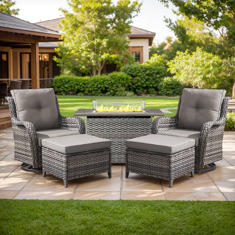 Fire Pit Table with Patio Glider Chairs Ottomans Grey-Grey - Grey - Grey - Grey