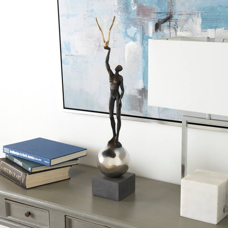 Silver Polystone People Decorative Sculpture with Stainless Steel Accents - Silver