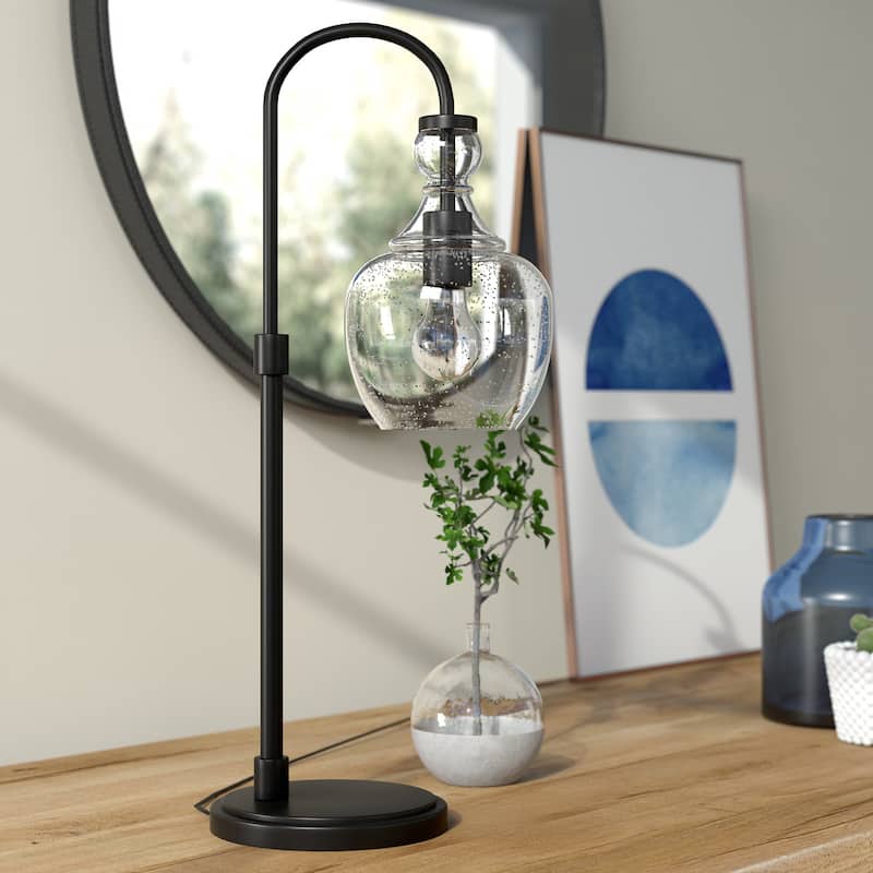 Verona Arc Table Lamp - Blackened Bronze with Seeded Glass Shade
