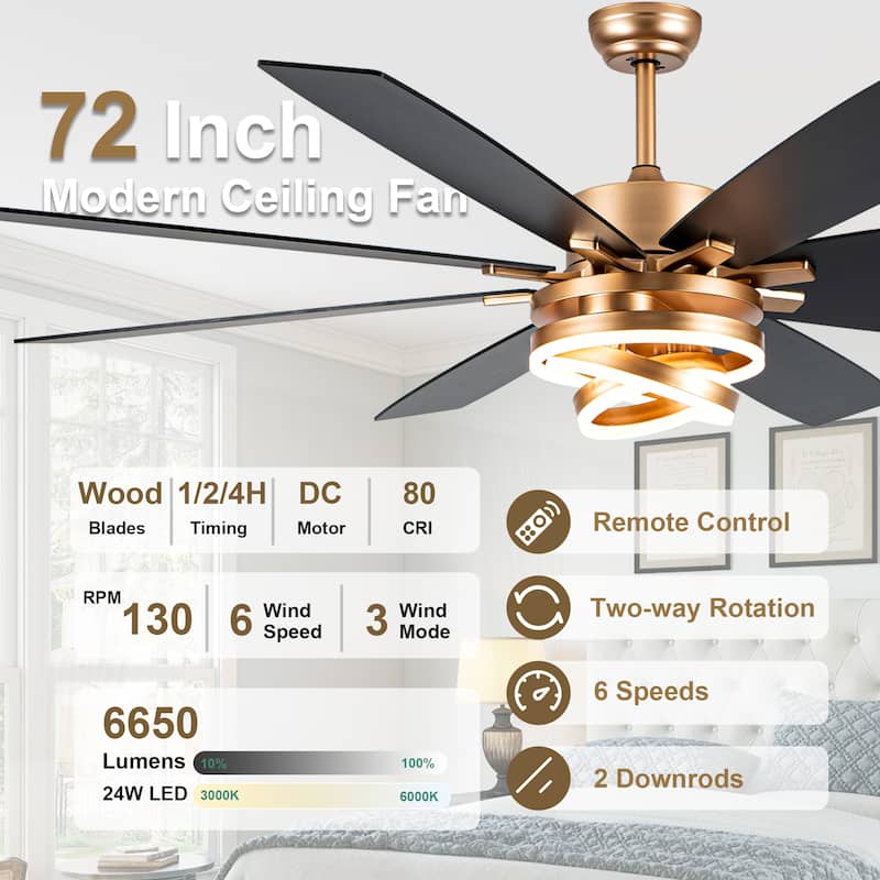 Cusp Barn 52"/72" Modern Large Dimmable LED Ceiling Fan with Lights and Remote, Reversible 8-Blade DC Motor DIY Shape Chandelier