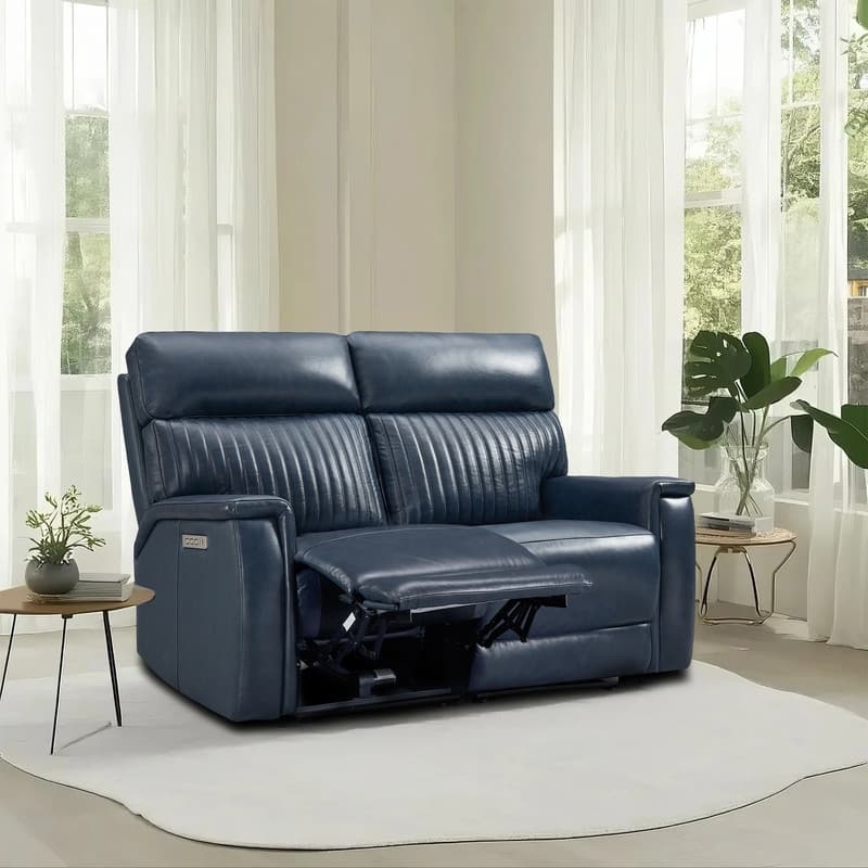 Genuine Leather Reclining Loveseat with Triple Power Adjustable Headrest, Lumbar Support, Zero Gravity, USB & USB-C Ports - DarkBlue