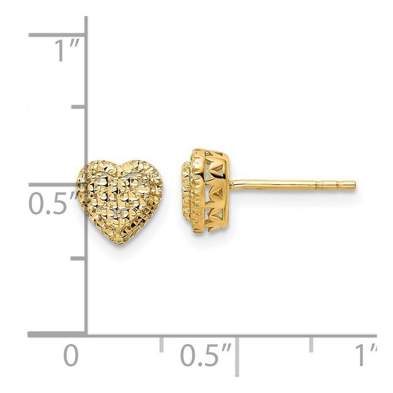 Curata 14k Yellow Gold 7.25mm Intricate Textured Love Heart Post Earrings