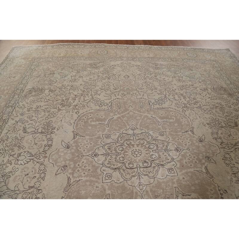 Hand Knotted Oriental 100% Wool Carpet Traditional Floral Beige & Ivories Tabriz Area Rug - 12' 7'' X 10' 2''