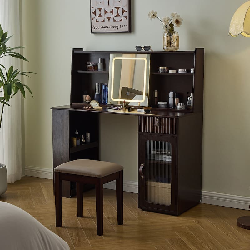 Modern Dressing Table Set with Stool, Sliding Touch Control LED Mirror & 3 Lighting Modes - Walnut