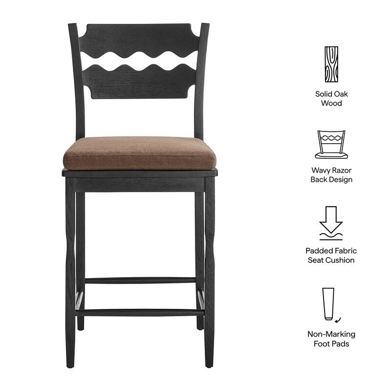 Jax Oak Wood Counter Stool With Wavy Razor Back and Cushion
