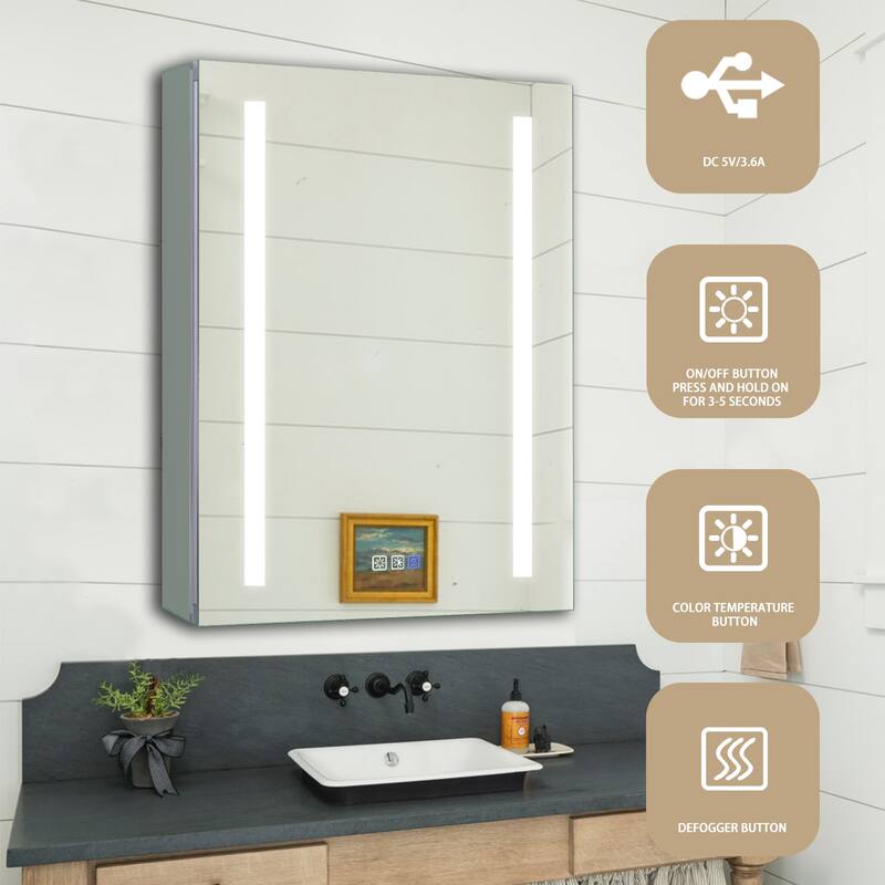 20 in. W x 26 in. H x 5 in. D Rectangular Silver Aluminum Recessed/Surface Mount Medicine Cabinet with Mirror - Silver - Metal Finish