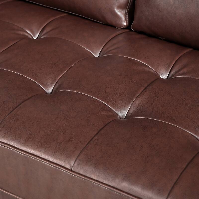 Mid-Century Modern 3-Seat Sofa, Tufted Design, Solid Wood Legs, 2 Bolster Pillows, Dark Brown PU Leather