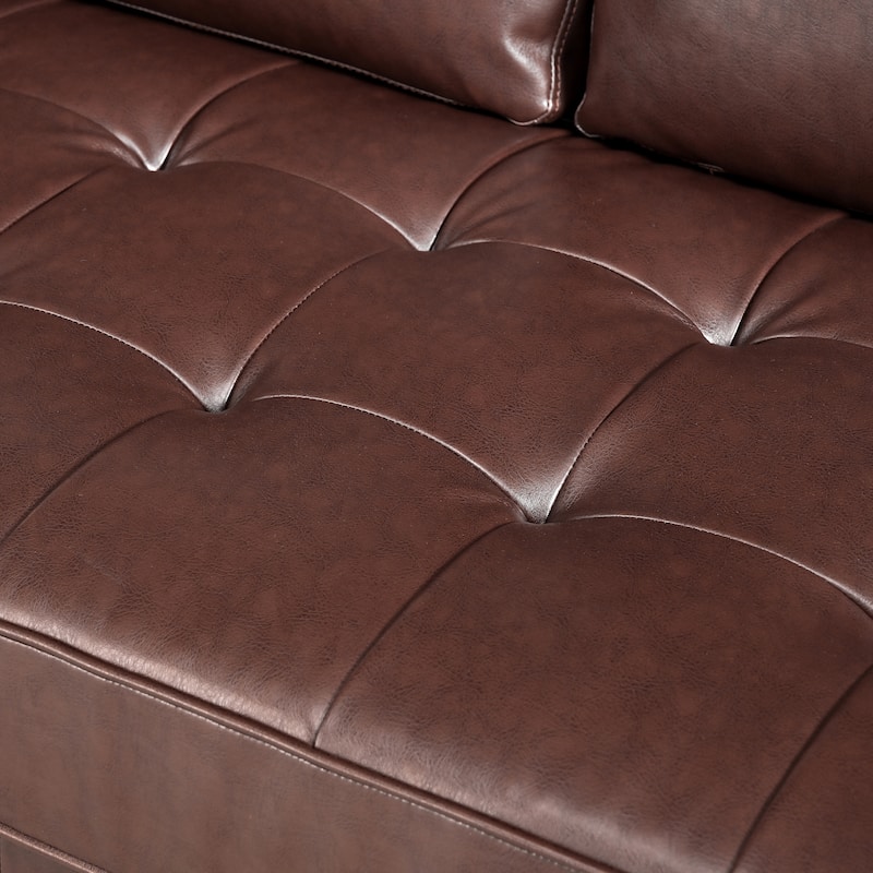 PU Leather Upholstered 3 Seater Sofa, Tufted Sofa with 2 Bolster Pillows, Lounge Sofa Chair with Solid Wood Legs