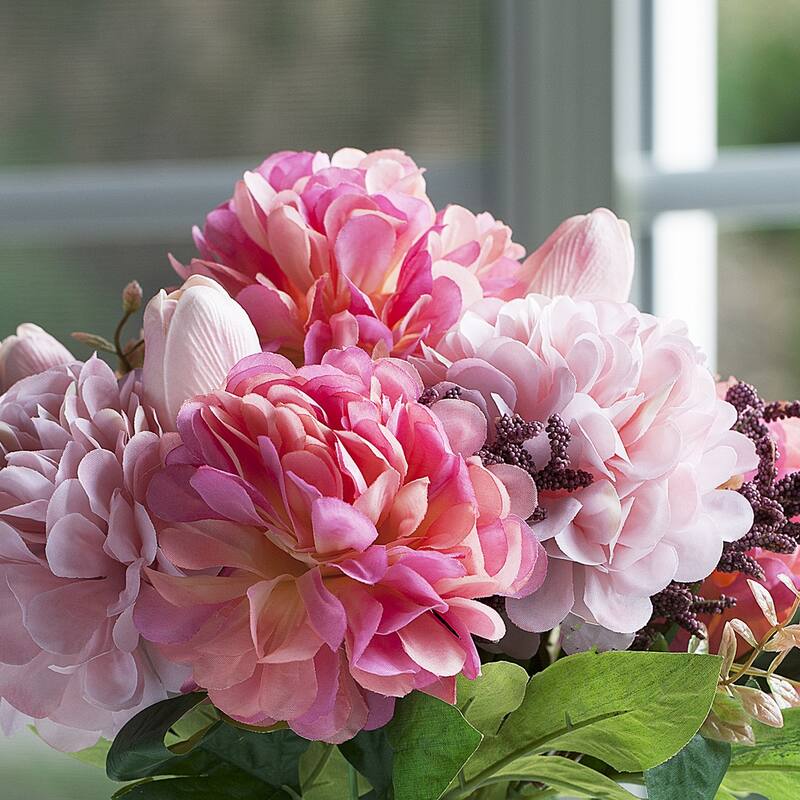 Enova Home Mixed Real Touch Tulip and Dahlia Artificial Flowers Arrangement in Clear Cylinder Glass Vase for Home Decór