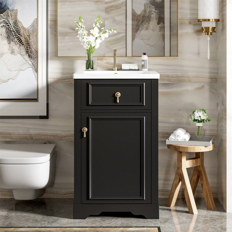 20'' Bathroom Vanity with Ceramic Sink Combo, Bathroom Storage Cabinet with 1 Soft Close Door, Storage Rack and Adjustable Shelf