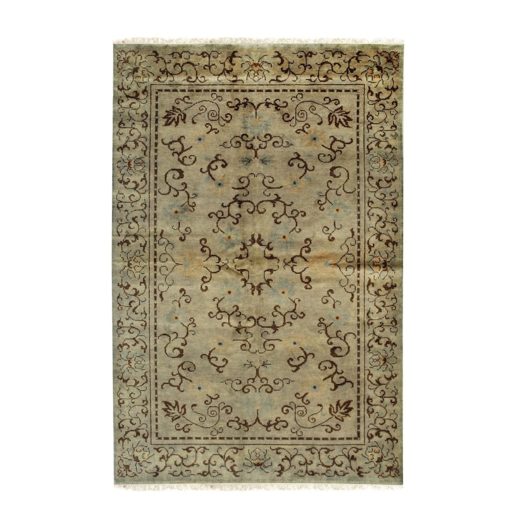 Green Handmade Wool Transitional Rug 5'11 x 8'11 - Hand Knotted Natural Dyes Soft Pile Cotton Foundation - N/A