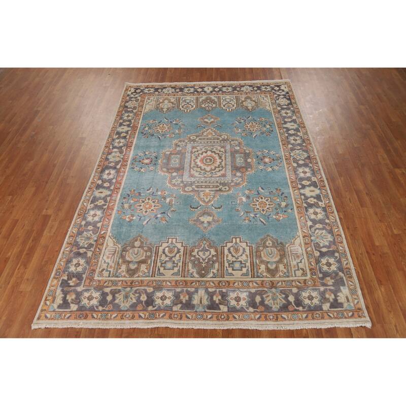 Geometric Blue Tabriz Persian Vintage Rug Hand-Knotted Wool Carpet - 6'7" x 9'7"