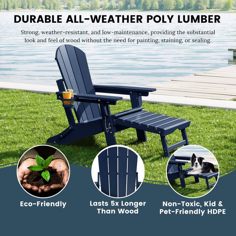 Laguna Outdoor Folding Adjustable Adirondack Chair with Cup Holder & Hideaway Ottoman (Set of 2)
