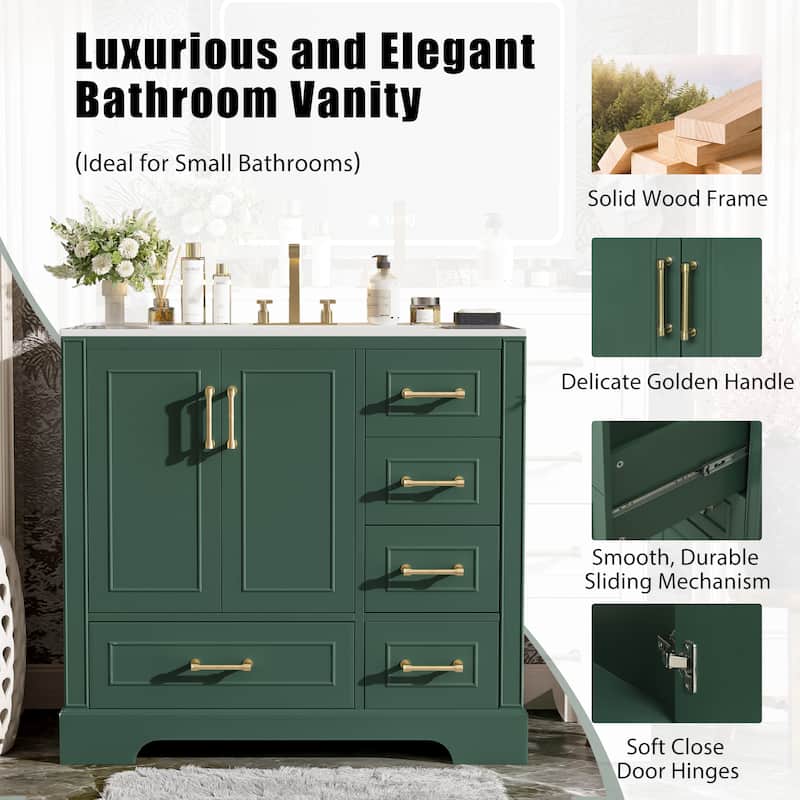 36" Traditional Bathroom Vanity with Ceramics Sink , Green Bathroom Cabinet with Two Soft Close Doors and Four Drawers
