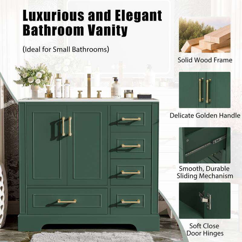 Traditional Bathroom Vanity with Ceramics Sink, Freestanding Cabinet with 3 Side Drawers, Bottom Drawer and 2 Soft Close Doors