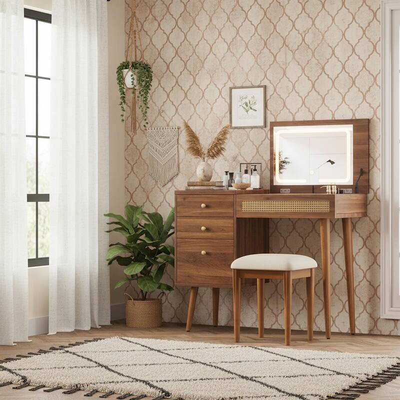 Merax Retro Rattan Flip-Top Vanity Desk with LED Mirror, 10-Compartment Storage & Cushioned Stool - Walnut