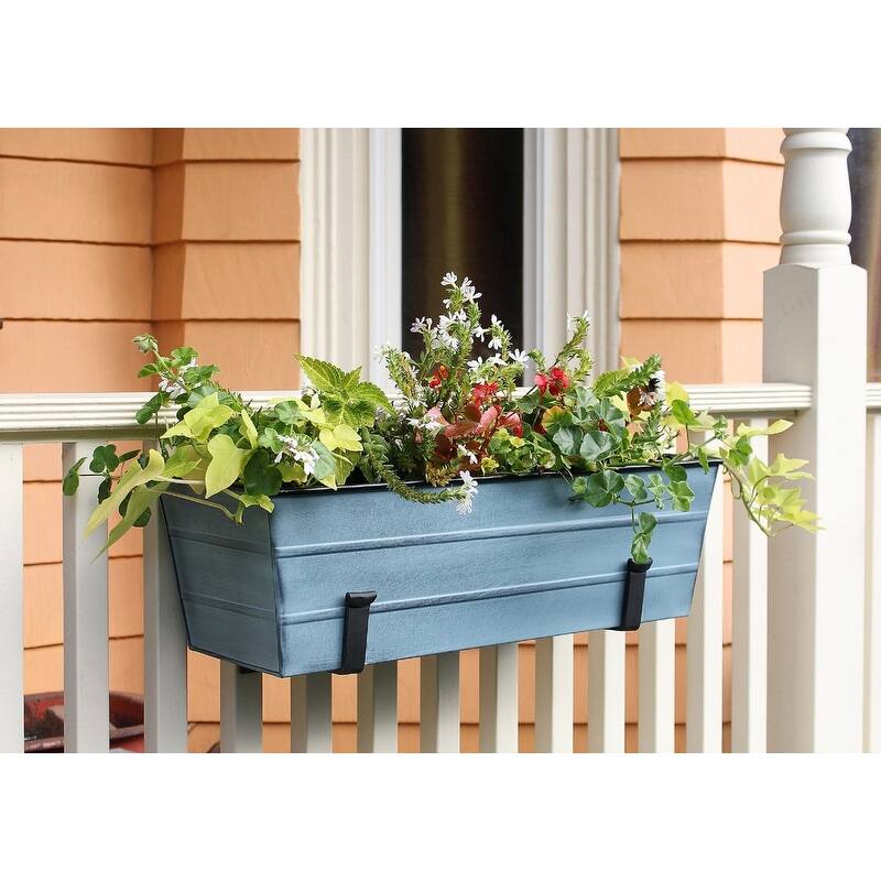 Achla Designs Medium Galvanized Steel Flower Box Planter With Wall Brackets, 24 Inch Wide, Nantucket Blue