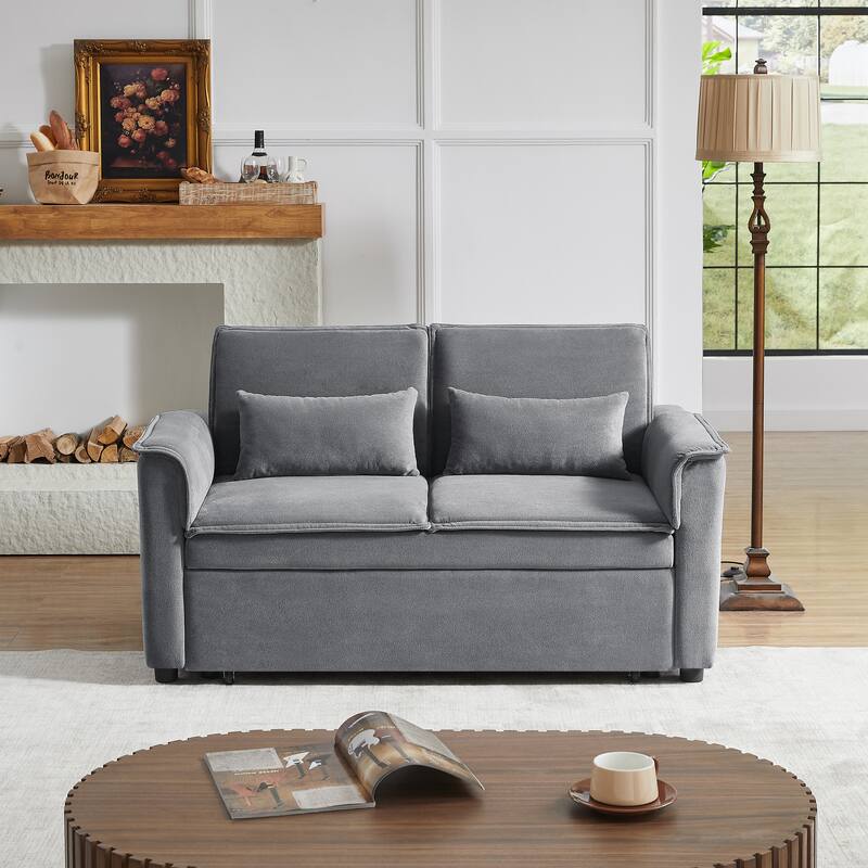 55" Fabric Sofa Bed with Sleeper, Adjustable Backrest & 2 Lumbar Pillows - Grey