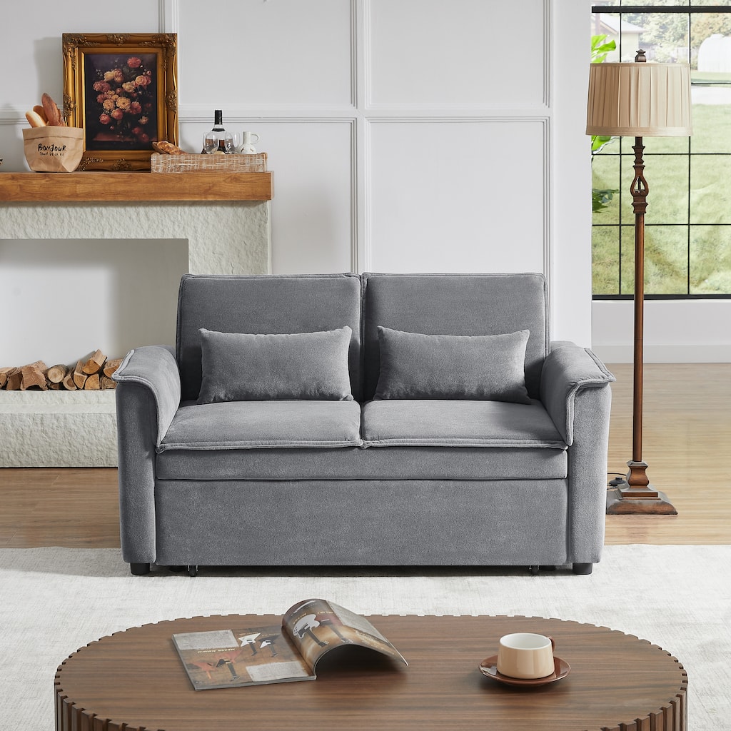 55" Fabric Sofa Bed with Sleeper, Adjustable Backrest & 2 Lumbar Pillows