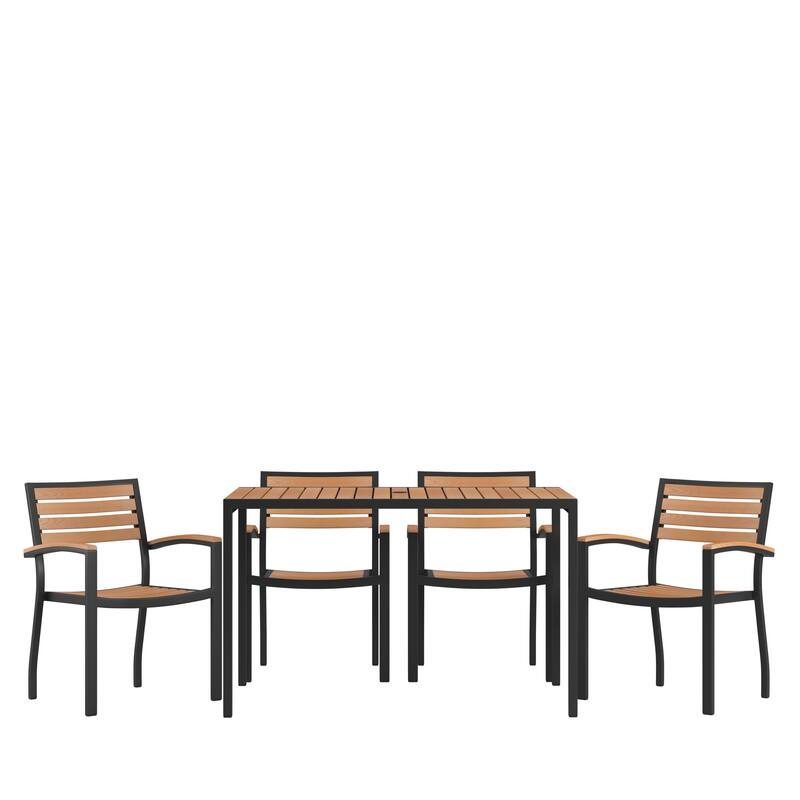 Black Steel Framed 30" x 48"Faux Teak Table with Umbrella Hole & 4 Club Chairs - 30"W x 48"D x 29.5"H