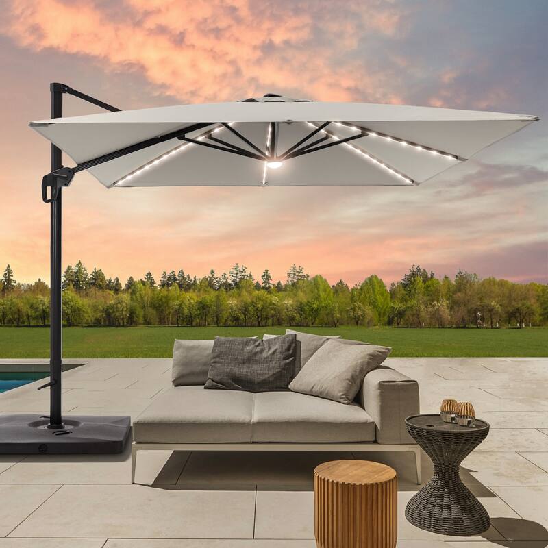 BONOSUKI 10x10FT LED Cantilever Patio Umbrella Angle Adjustment w/Base - Grey