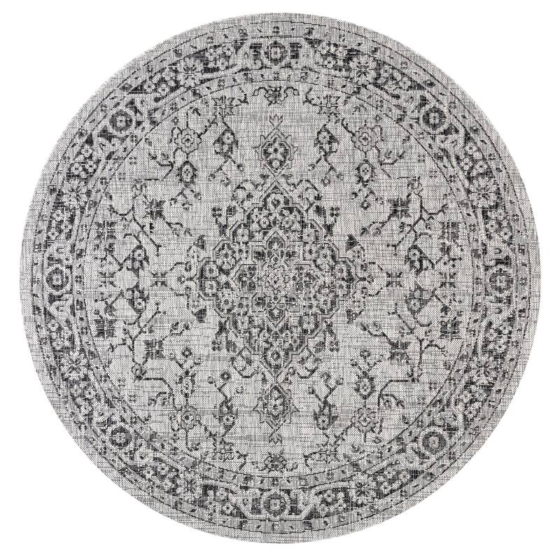 JONATHAN Y Palazzo Boho Medallion Textured Weave Indoor/Outdoor Area Rug - 5' Round - Gray/Black