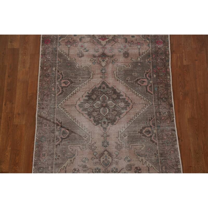 Hand Knotted Oriental 100% Wool Carpet Traditional Geometric Pink Hamedan Runner Rug - 9' 7'' X 3' 3''