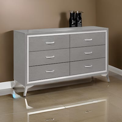 Sami 58 Inch Wide Dresser, 6 Drawers, Mirror Trim, Embossed Texture, Gray