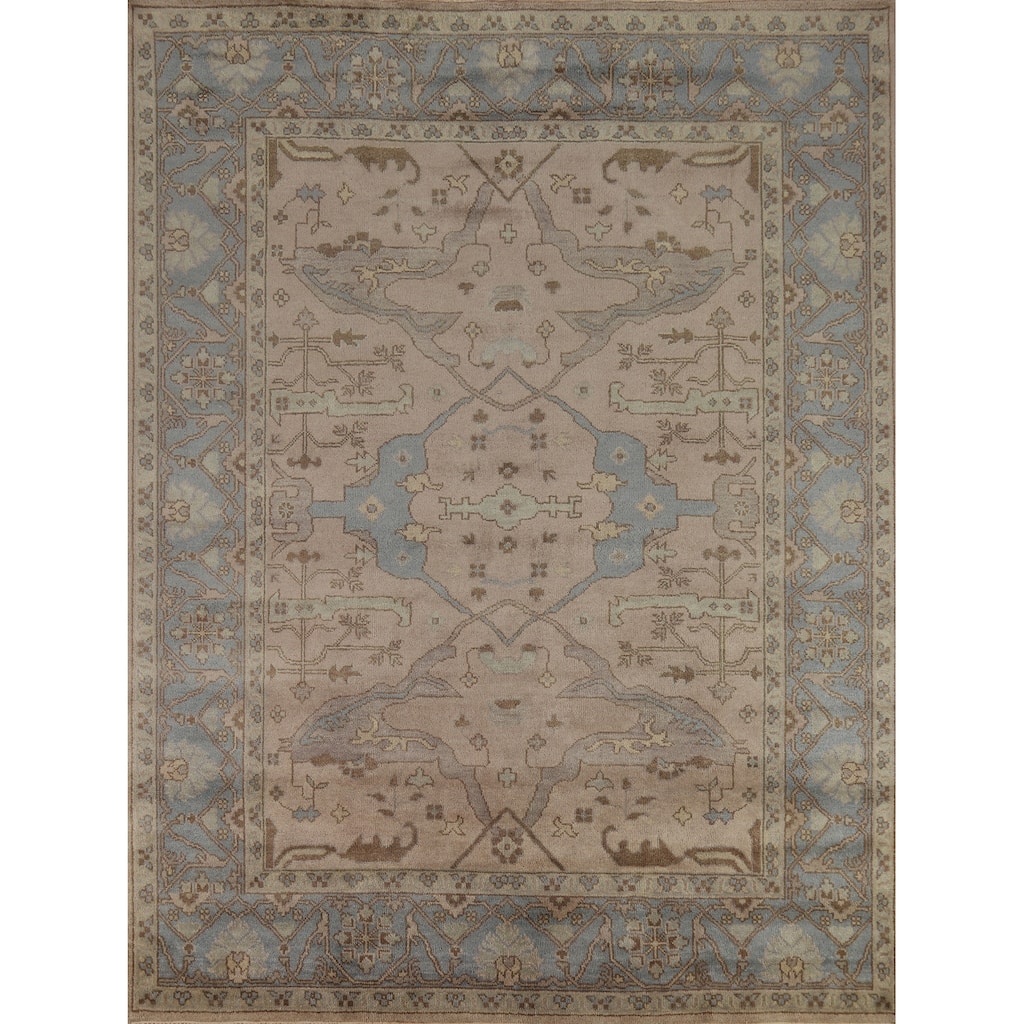 Light Brown Oushak Indian Area Rug Hand-Knotted Wool Carpet - 8'4"x 9'9"