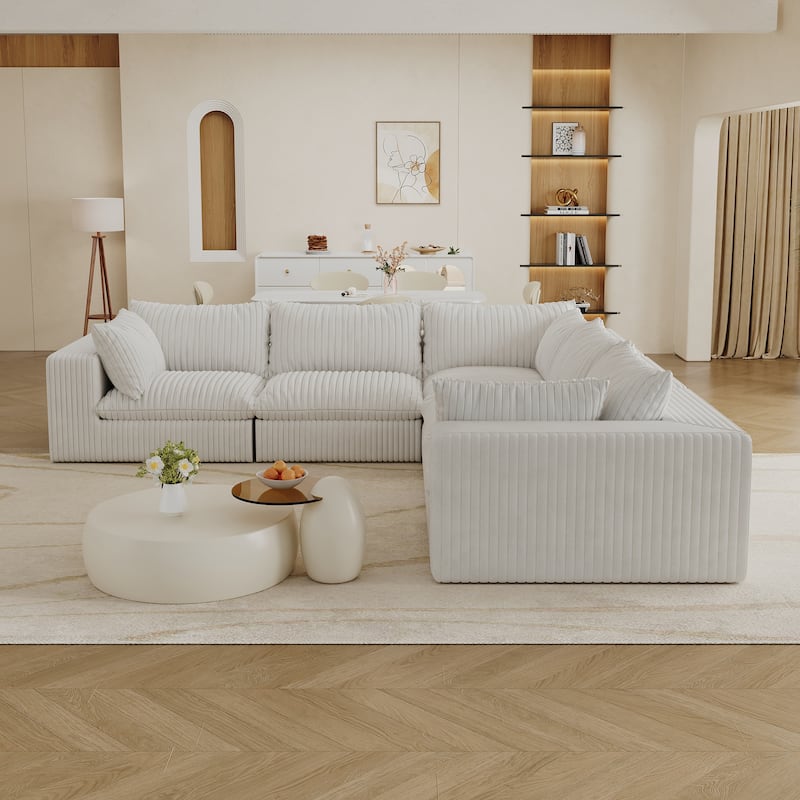 Corner Modular Couch Corduroy Deep Seat L-shaped Sectional Sofa - White