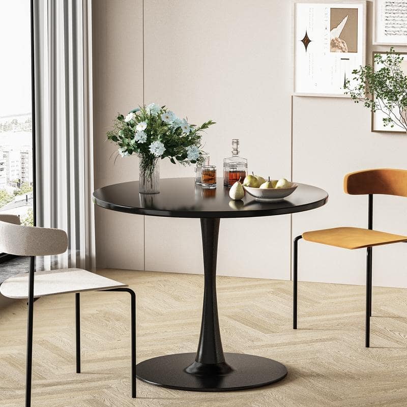 Grondin Mid-Century Modern Round Kitchen or Dining Table with Premium MDF Top and Steel Pedestal Base for Dining Room - Black - 31.5" Dia