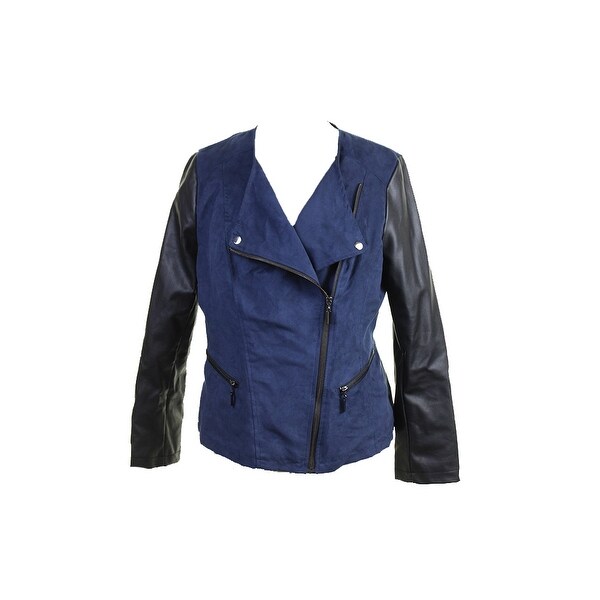Alfani Navy Faux-Suede Mixed-Media Moto Jacket S