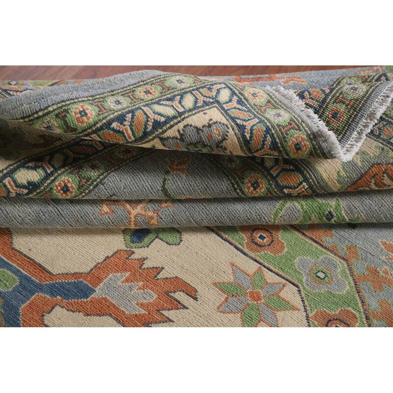 Hand Knotted Oriental 100% Wool Carpet Traditional Geometric Greys & Charcoal Kazak Area Rug - 9' 10'' X 6' 10''