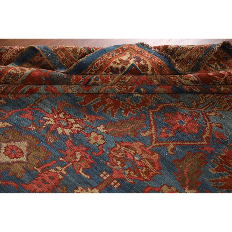 Hand Knotted Oriental 100% Wool Carpet Traditional Floral Navy Blue & Blues Heriz Area Rug - 10' 9'' X 9' 3''