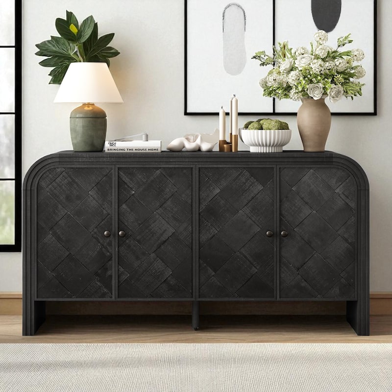 Modern MDF Sideboard Buffet Cabinet with Woven Wood Slat Doors and Solid Wood Veneer for Hallway or Entryway - Black