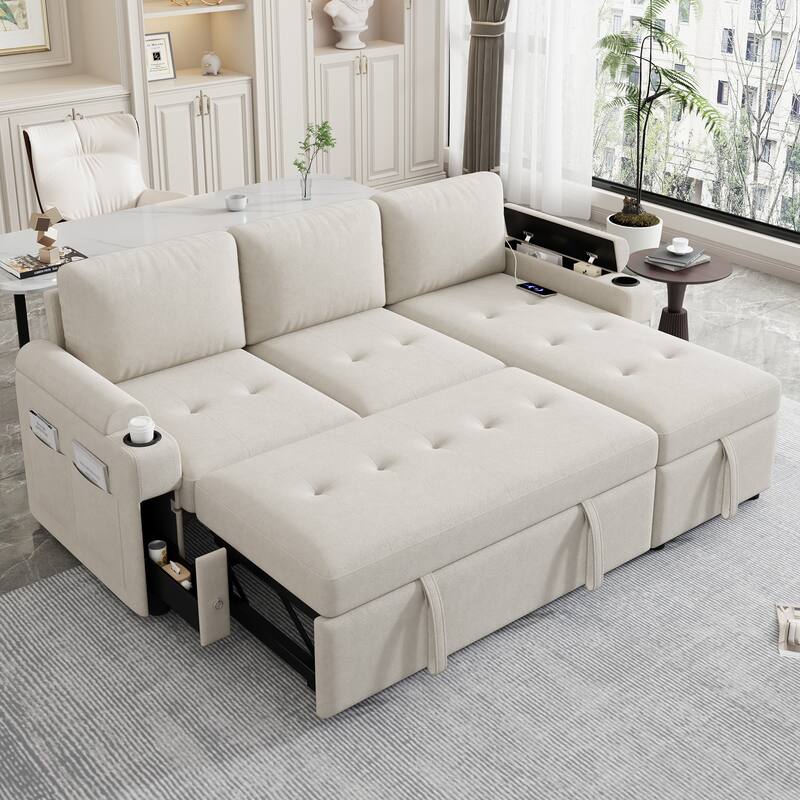 L-Shaped Convertible Sofa Bed with Reversible Chaise Lounge, Chenille Fabric Sectional Sofa with 2 Cup Holders & 2 USB Ports