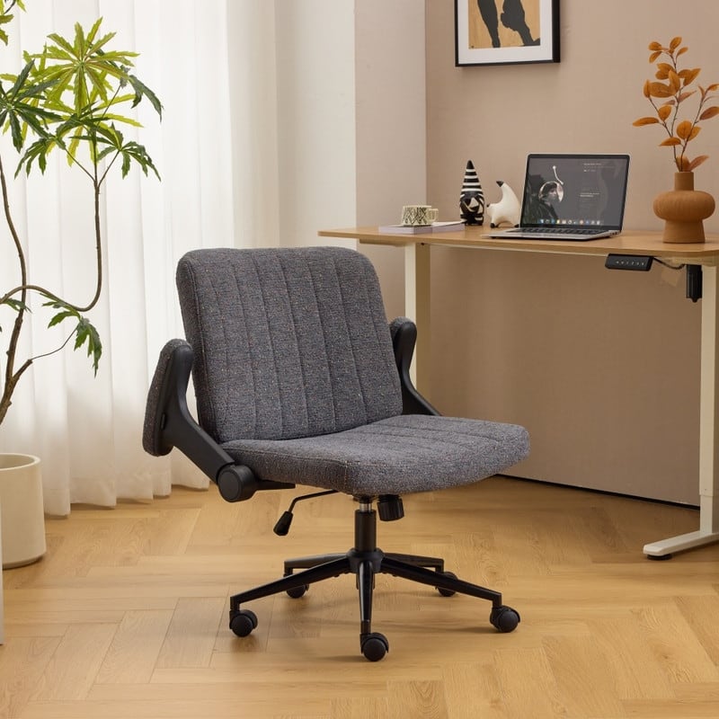 Speckled Chenille Swivel Chair With Flip-Up Arms For Cross-Legged