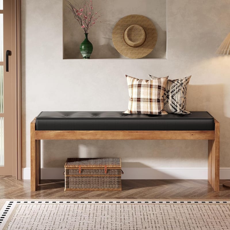 Bedroom Bench, Upholstered End of Bed Bench, Padded Vintage Dining Bench, Entryway Bench with Solid Wood Legs