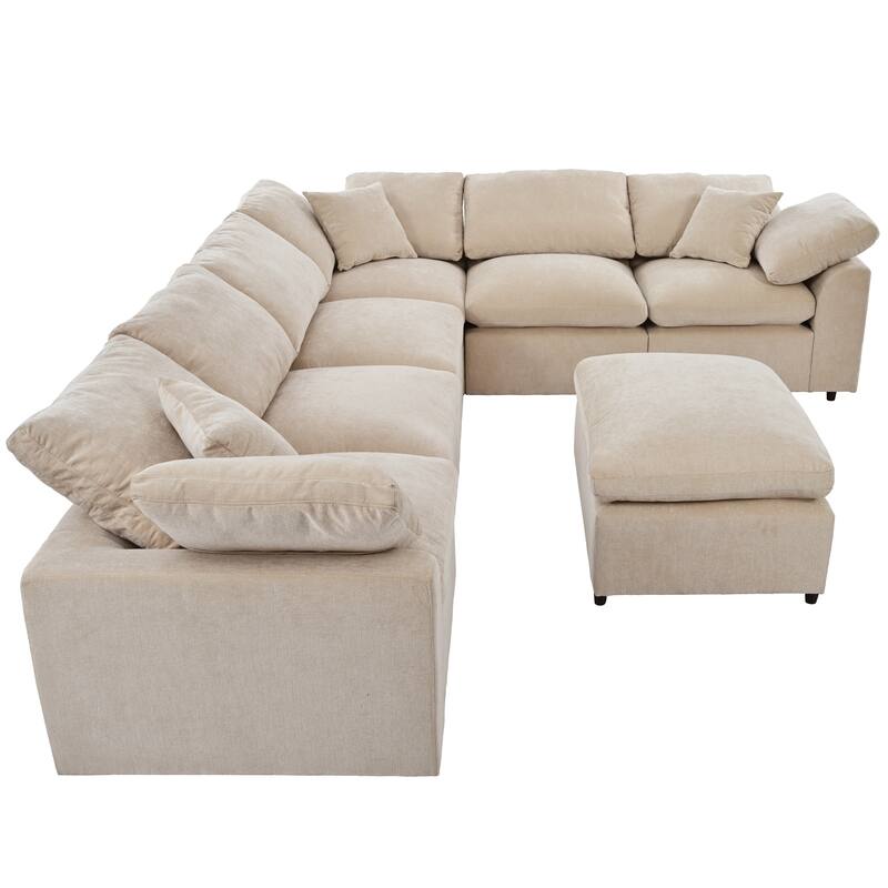 129.3'' L-Shaped 7-Seater Sectional with Ottoman and Pillow, Spacious Design for Living Room or Office Use