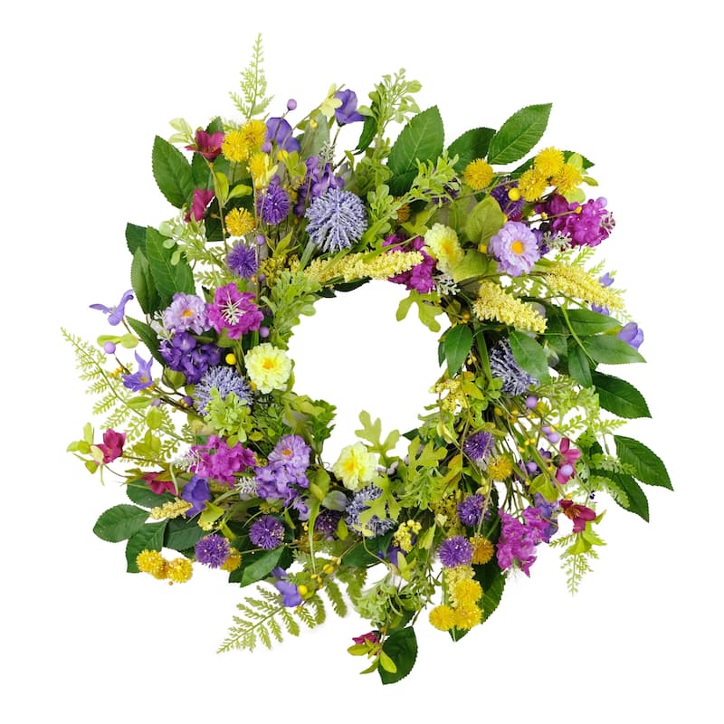 Echinops and Chrysanthemums Artificial Floral Spring Wreath - 24" - Green and Purple