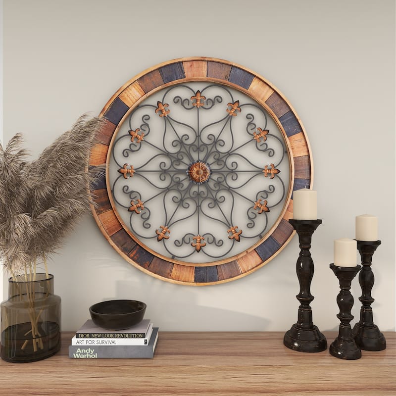 Brown Wood Medallion Scroll Home Wall Decor with Metal Fleur-De-Lis Detail