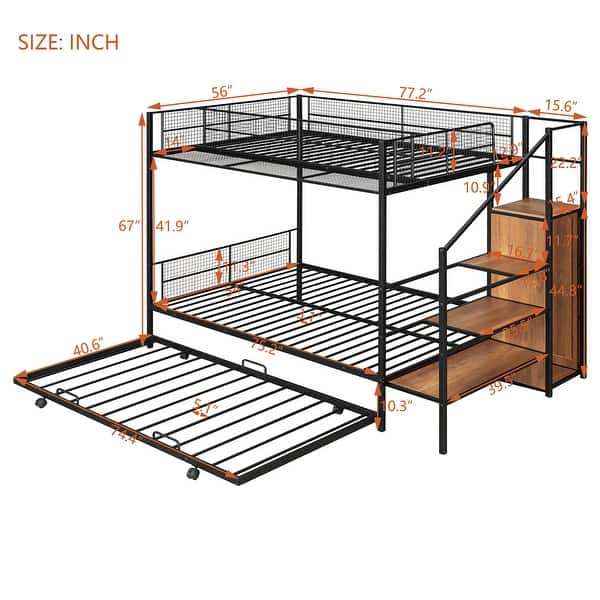 dimension image slide 0 of 2, Twin Over Full Metal Bunk Bed with Trundle & Storage Ladder & Wardrobe