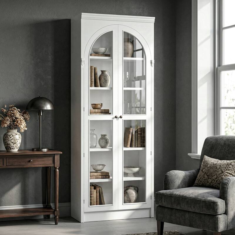 Modular White Bookcase with LED Lights & Glass Doors, 86.6" Tall Arched Display Cabinet Solid WoodStorage Cabinet